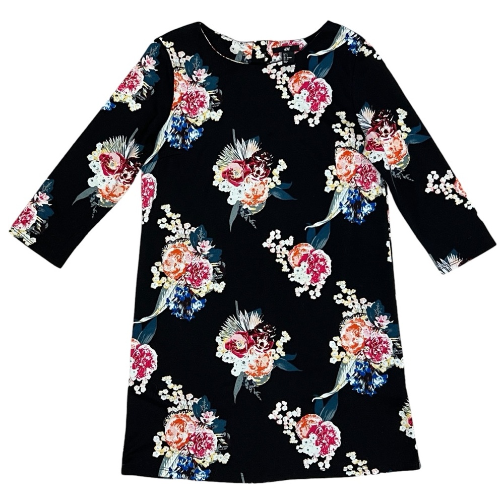 H&M Black Floral Mini Shift Dress 3/4 Sleeves Size Small